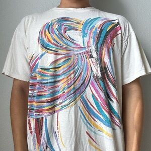 Vintage 1990s Abstract Brush strokes AOP Graphics White Men's Tee Shirt